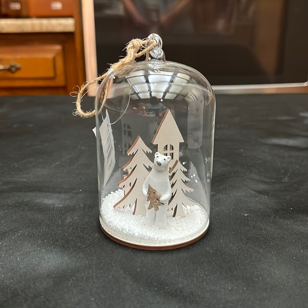 Glass Holiday Globe With Polar Bear, Wooden Houses and Snow.  NWT.